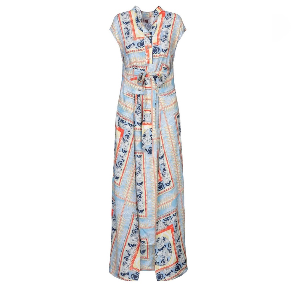 Opaline wrapper Natural Organic Material Elegant Blue and Orange Maxi Dress